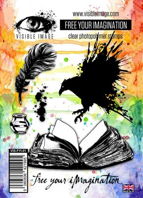 FREE YOUR IMAGINATION clear stamp set - Stämpelset med bok och fågel från Visible image A6