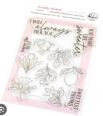 FRESHLY PICKED clear stamp set - Stämpelset med texter, bär, blommor från Pinkfresh studios A6