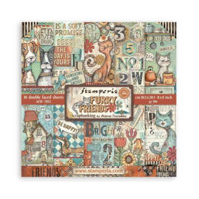 Furry Friends 8x8 Inch Paper Pack - Mönsterpapper med djurtema från Stamperia 20x20 cm