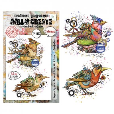 GEAR FEATHER STEAMPUNK BIRD clear stamp set - Stämpelset med kugghjulsfåglar från AALL & Create A6