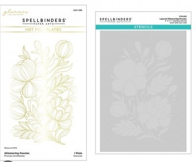 GLIMMERING PEONIES Hot Foil Plate and Stencil Bundle - Schablon och värmeplatta med blommor från Spellbinders