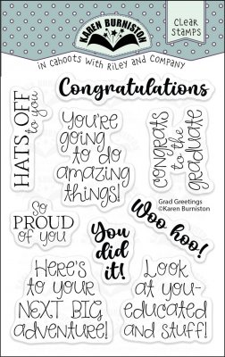 GRAD GREETINGS clear stamp set - Stämpelset med examentema från Karen Burniston