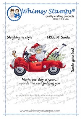 Greedy Santa Christmas Rubber Cling Stamp - Stämpel med jultomte i bil från Deb Davis / Whimsy Stamps ca 12,5x9,4