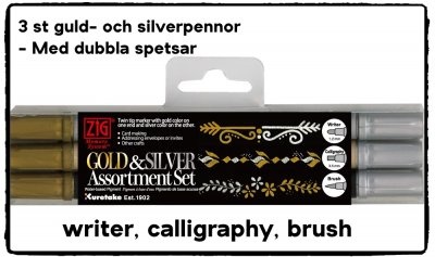 Twin tip gold and silver pen set - 3 st guld- och silverpennor med dubbla spetsar från Zig Kuretake