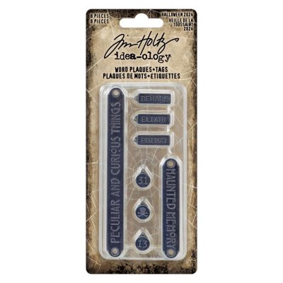 WORD PLAQUES AND TAGS Halloween 2024 metal charms from Tim Holtz Idea-ology