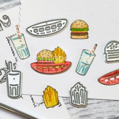 HAMBURGARE pommes och dryck-stansmallar från Gummiapan ca 20x6, 10x9, 7x11 & 7x17 mm