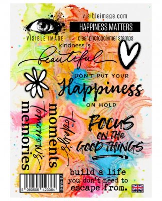 HAPPINESS MATTERS text clear stamp set - Stämpelset med engelska texter från Visible image A6
