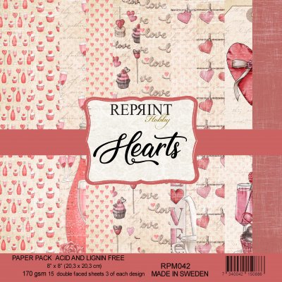 Hearts Collection paper pack 8x8 - Mönsterpapper med hjärtan från Reprint 20x20 cm