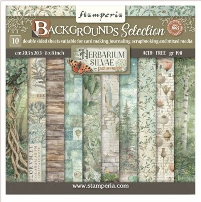 HERBARIUM SILVAE MAXI BACKGROUNDS PAPER PACK - Bakgrundspapper från Stamperia 20x20 cm