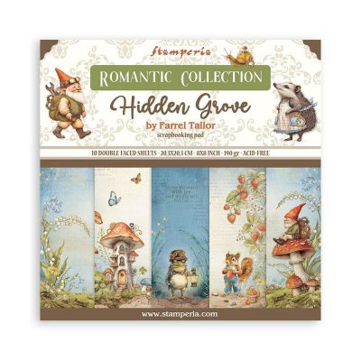 HIDDEN GROVE PAPER PACK 8X8 - Mönsterpapper med natur vätte svamp från Stamperia 20x20 cm