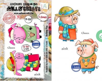 CHRISTMAS HOLIDAY PIGS clear stamp set - Stämpelset med vinterklädda grisar från AALL & Create A7