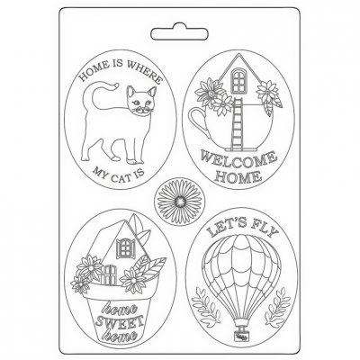 HOME PLATES soft mould Create Happiness Welcome Home - Gjutform med hus, katt, luftballong från Vicky Papaioannou Stamperia A5