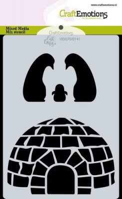 Igloo and penguins stencil - Schablon med igloo och pingviner från Craft Emotions A6
