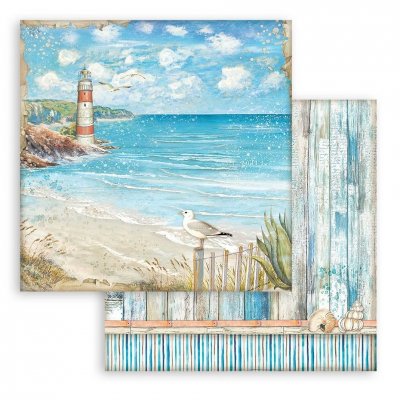 LIGHTHOUSE Blue Dream 12x12 Inch Paper Sheet - Mönsterpapper med havstema från Vicky Papaioannou Stamperia 30x30 cm