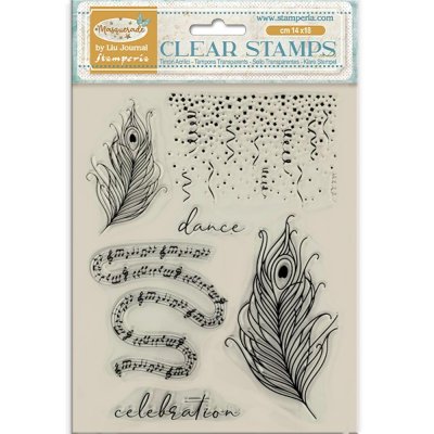 Masquerade Clear Stamps Feathers - Stämpelset med fjädrar och noter från Stamperia A5