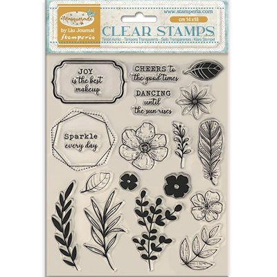Masquerade Clear Stamps Flowers And Labels - Stämpelset med blommor och blad från Stamperia A5