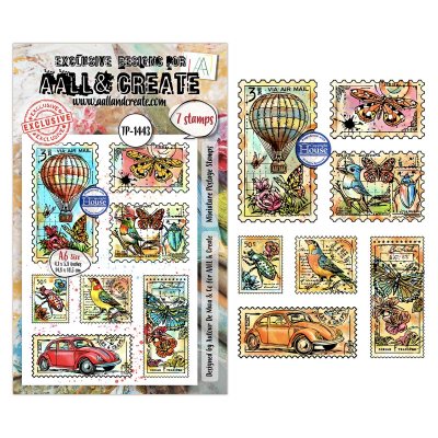 MINIATURE POSTAGE STAMPS clear stamp set - Stämpelset med frimärkesbilder från AALL & Create A6