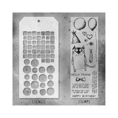 BIRTHDAY SNARKY CAT stamp & stencil set from Tim Holtz Stamper's anonymous