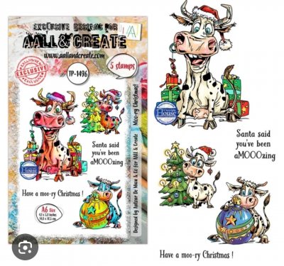 MOO-RY CHRISTMAS cow clear stamp set - Stämpelset med julkor från AALL & Create A6