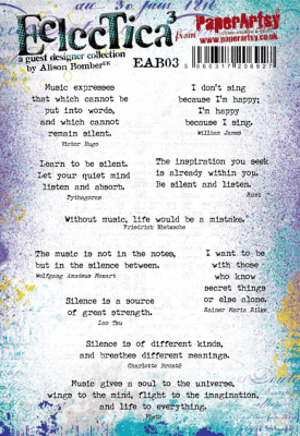 Music & Silence E³ Alison Bomber 03 rubber stamp set - Stämpelset med engelska texter om musik från PaperArtsy A5