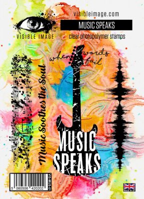 MUSIC SPEAKS clear stamp set - Stämpelset med musiktema från Visible image A6