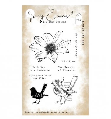 NEW BEGINNINGS flower and bird clear stamp set from Tracy Evans A6