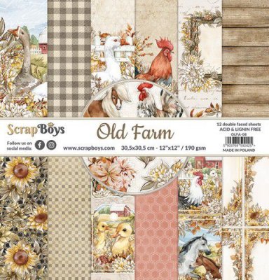 OLD FARM animal paper pack 12x12 - Mönsterpapper med lantgårdsdjur från ScrapBoys 30x30 cm