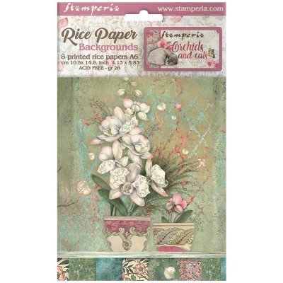 Orchids and Cats Rice Paper Backgrounds (8pcs) Rispapper från Stamperia A6