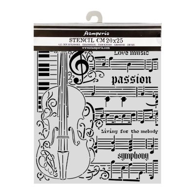 VIOLIN SYMPHONY STENCIL - Schablon med fiol- och musiktema från Stamperia 20x25 cm