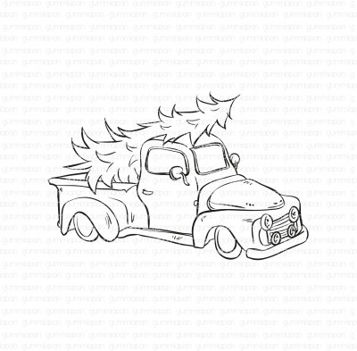 Pickup truck with a Christmas tree - Stämpel med lastbil med julgran från Gummiapan 9*5,8 cm