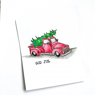 Pickup truck with a Christmas tree - Stämpel med lastbil med julgran från Gummiapan 9*5,8 cm