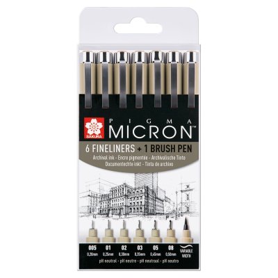 Pigma micron etui 6 + 1 Pigma brush - Set med finelinerpennor + 1 pensel från Sakura