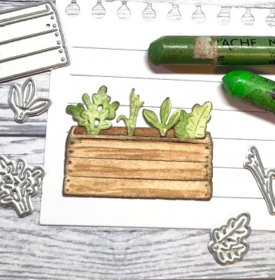 Plant box with crops die set from Gummiapan PLANTERINGSLÅDA MED GRÖDOR ca 40x18, 14x16, 7x19, 11x11 & 10x13 mm