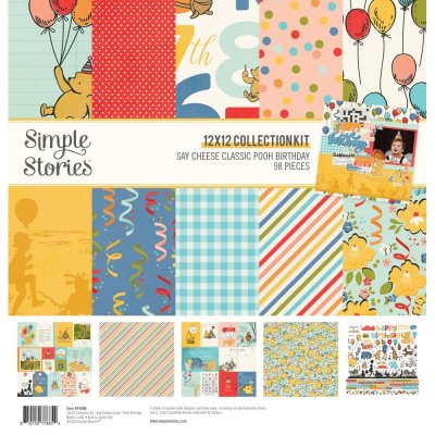 Say Cheese Classic Pooh Birthday collection kit - Mönsterpapper med Nalle Puh och grattistema från Simple Stories 30x30 cm