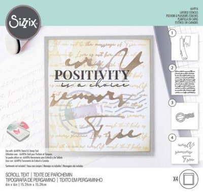 SCROLL TEXT layered stencil kit from Olivia Rose Sizzix ca 15x15 cm