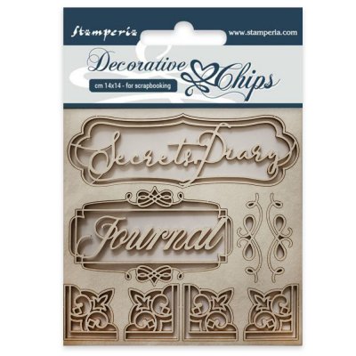 Decorative Chipboard Secret Diary words and corners - Dekorationer från Stamperia ca 14,5x14,5 cm