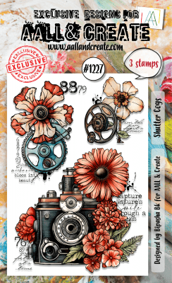 SHUTTER COGS camera flower clear stamp set - Stämpelset med kamera och blommor från AALL & Create A6