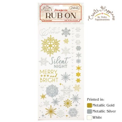 SNOWFLAKES Create Happiness Christmas Rub-On 4x8,5 Inch - Gnuggisar med snöflingor från Vicky Papaioannou Stamperia