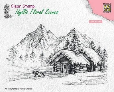 Snowy landscape with cottage stamp - Stämpel med ett vinterlandskap med stuga från Nellie Snellen