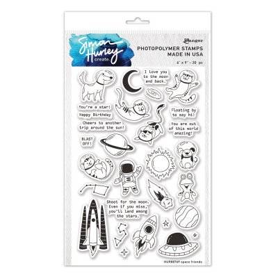 SPACE FRIENDS animals and texts clear stamp set - Stämpelset med rymdentema med djur och texter från Simon Hurley Ranger ink