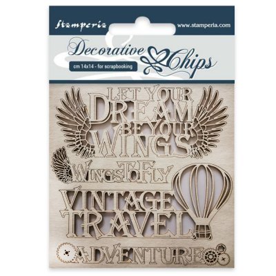 Adventure Decorative Chipboard - Vingar med text från Stamperia 