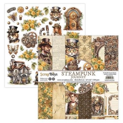 STEAMPUNK JOURNEY paperset 12 vl+cut out elements - Mönsterpapper från ScrapBoys 250 g 30,5 cmx30,5 cm