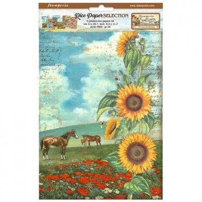 Sunflower Art Rice Paper Selection (6 pcs) - Rispapper med sommar- och blomtema från Stamperia A4