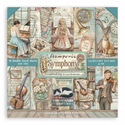 SYMPHONY paper pack 8x8 - Mönsterpapper med musiktema från Stamperia 20x20 cm