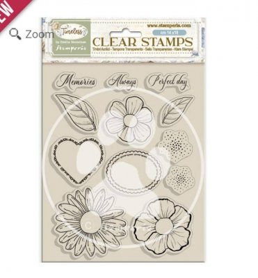 FLOWERS AND HEARTS TIMELESS clear stamp set - Stämpelset med blommor och hjärta från Stamperia A5
