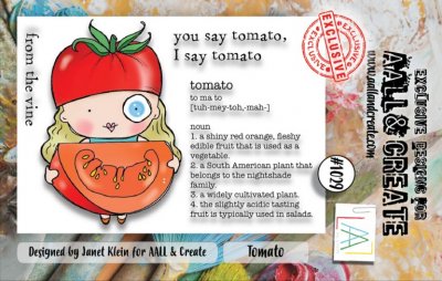 TOMATO girl with text clear stamp set - Stämpelset med tomatflicka och text från AALL & Create A7