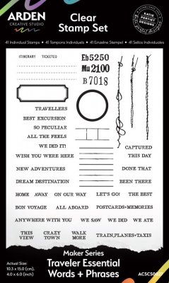 Traveler Essential Words+Phrases clear stamp set - Stämpelset med engelska reseuttryck av Katie Pertiet - Arden Creative Studio