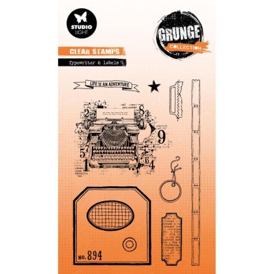 TYPEWRITER AND LABELS clear stamp set - Stämpelset med skrivmaskin från Studio Light