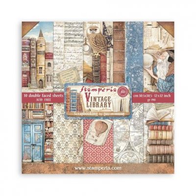 Vintage Library 12x12 Inch Paper Pack - Mönsterpapper med bok- och bibliotekstema från Stamperia 30x30 cm