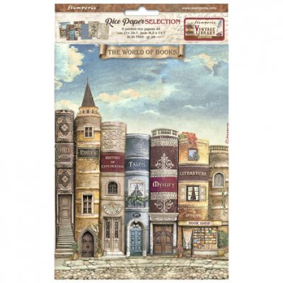 Vintage Library Rice Paper Selection - 6 st rispapper med bok- och bibliotekstema från Stamperia A4